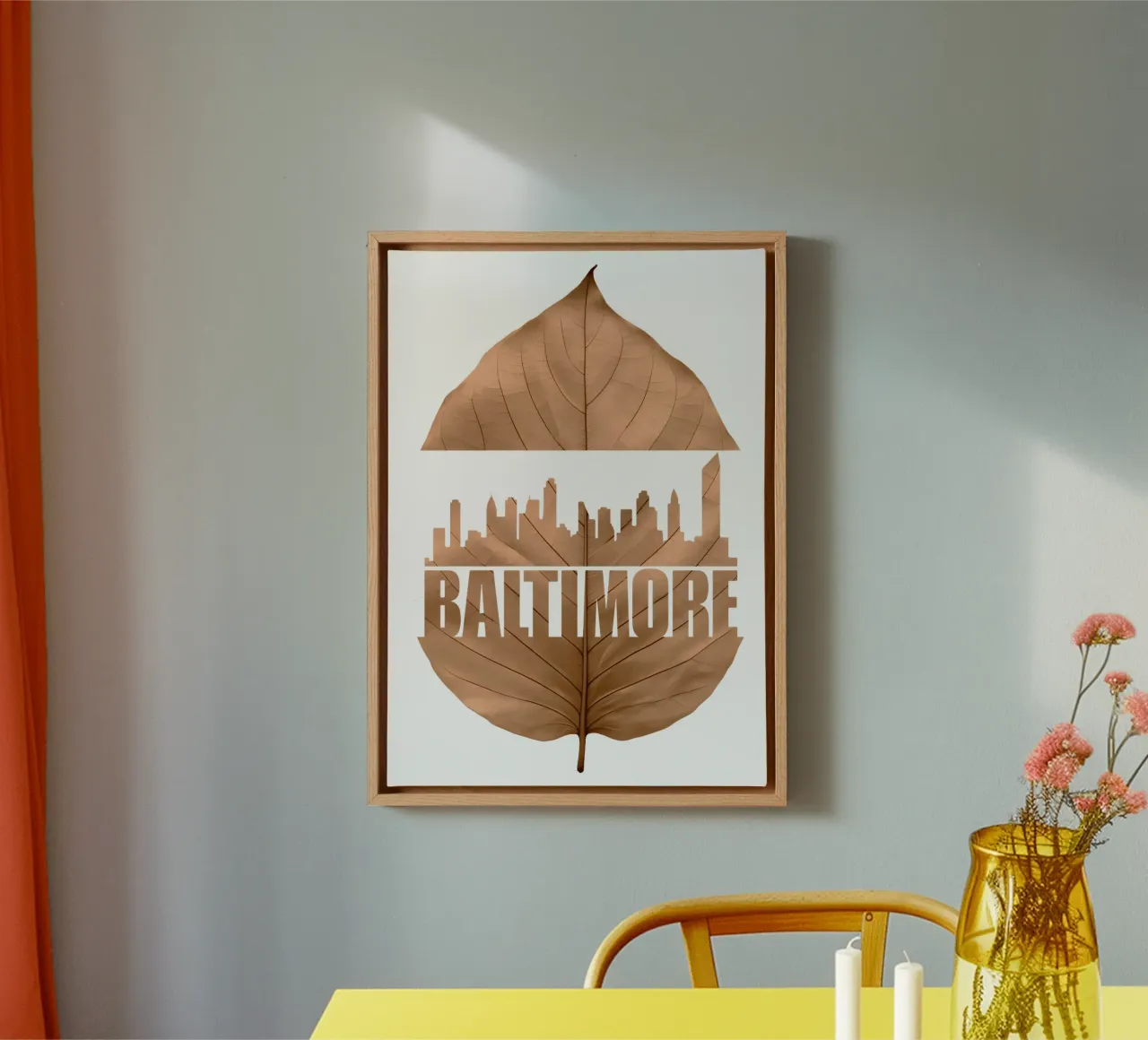 ilustrazione di taglio delle foglie dello skyline della città di Baltimora tela con Cornice a cassetta da kahfiza