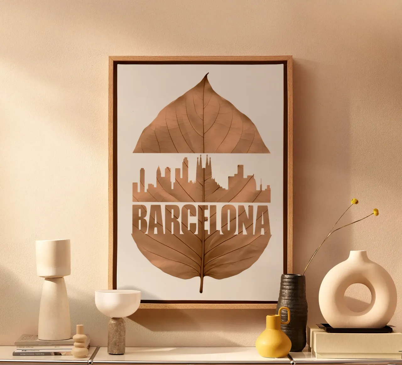 skyline della città di barcellona ilustrazione di taglio della foglia tela con Cornice a cassetta da kahfiza