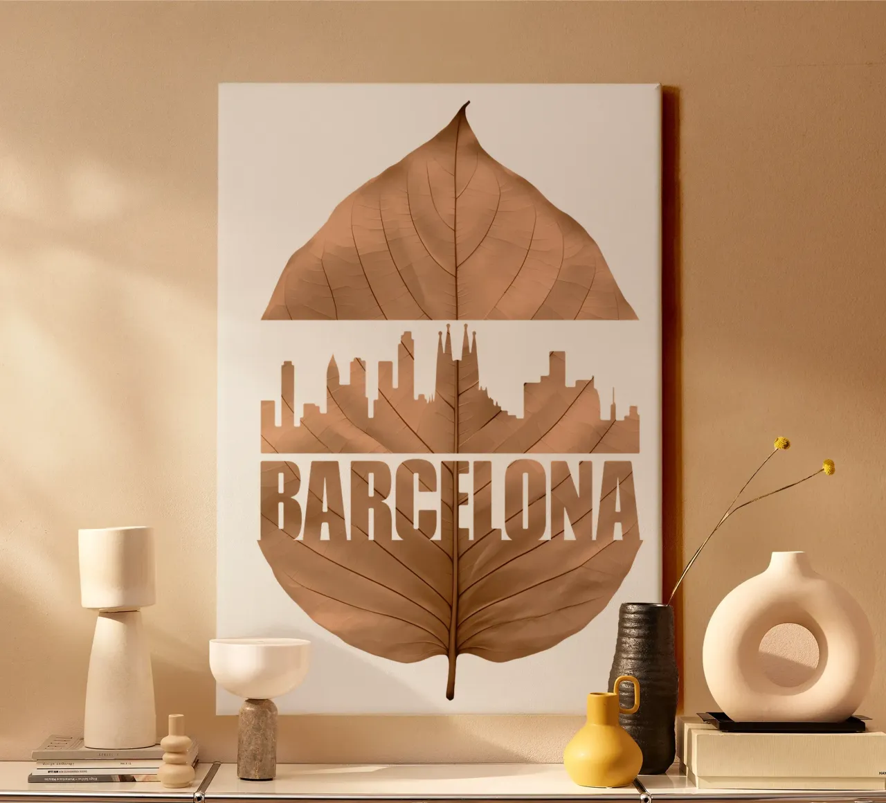 skyline della città di barcellona ilustrazione di taglio della foglia tela con Cornice a cassetta da kahfiza