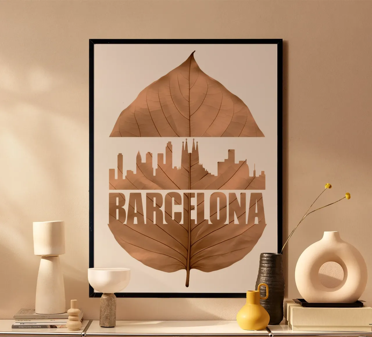 skyline della città di barcellona ilustrazione di taglio della foglia poster da kahfiza