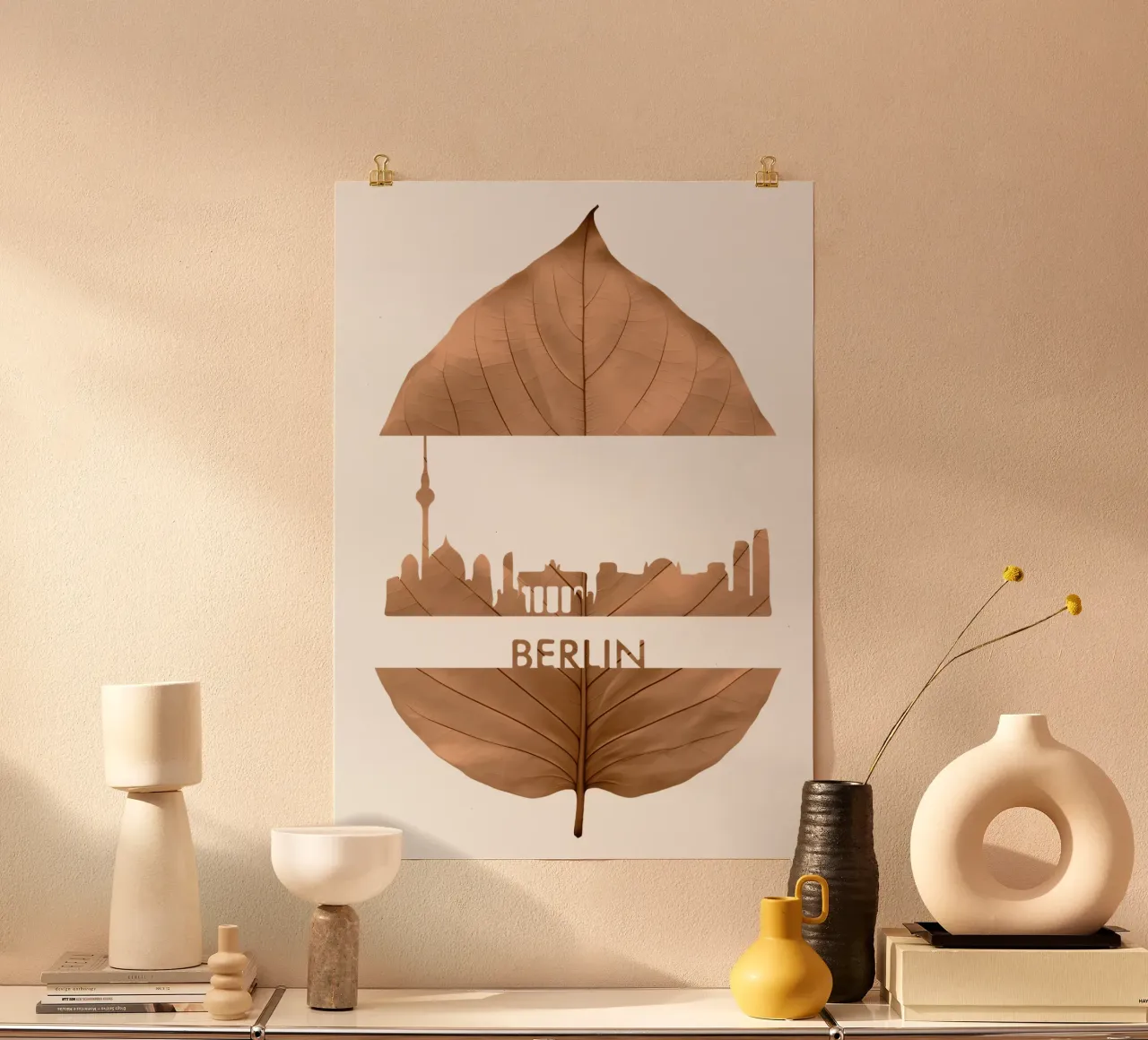 skyline della città di berlino taglio di foglie ilustrazione poster con telaio in plastica da kahfiza