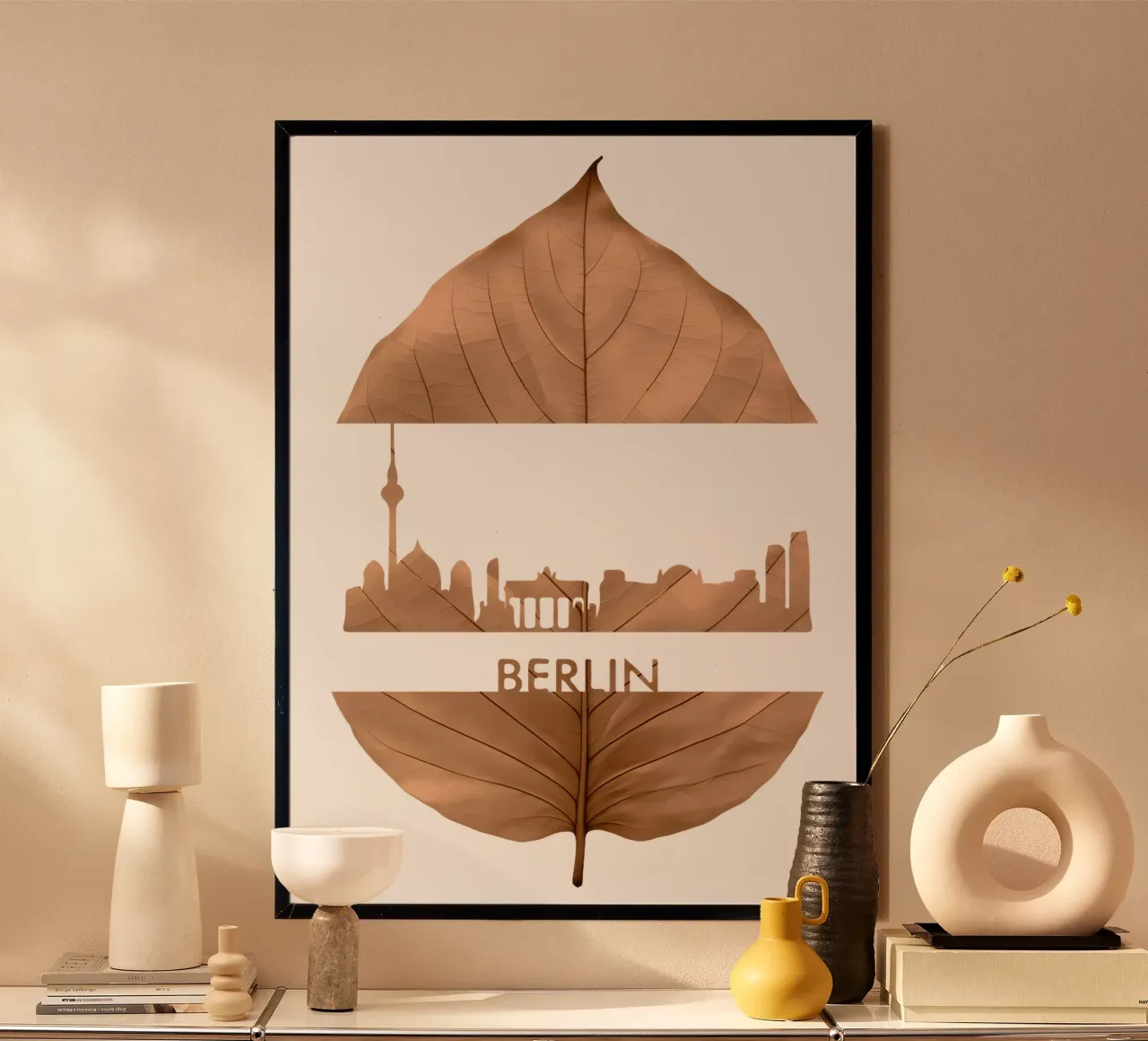 skyline della città di berlino taglio di foglie ilustrazione poster con telaio in plastica da kahfiza