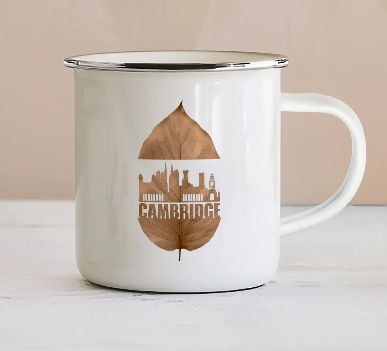 ilustrazione di taglio della foglia dello skyline della città di cambridge tazza in smalto da kahfiza