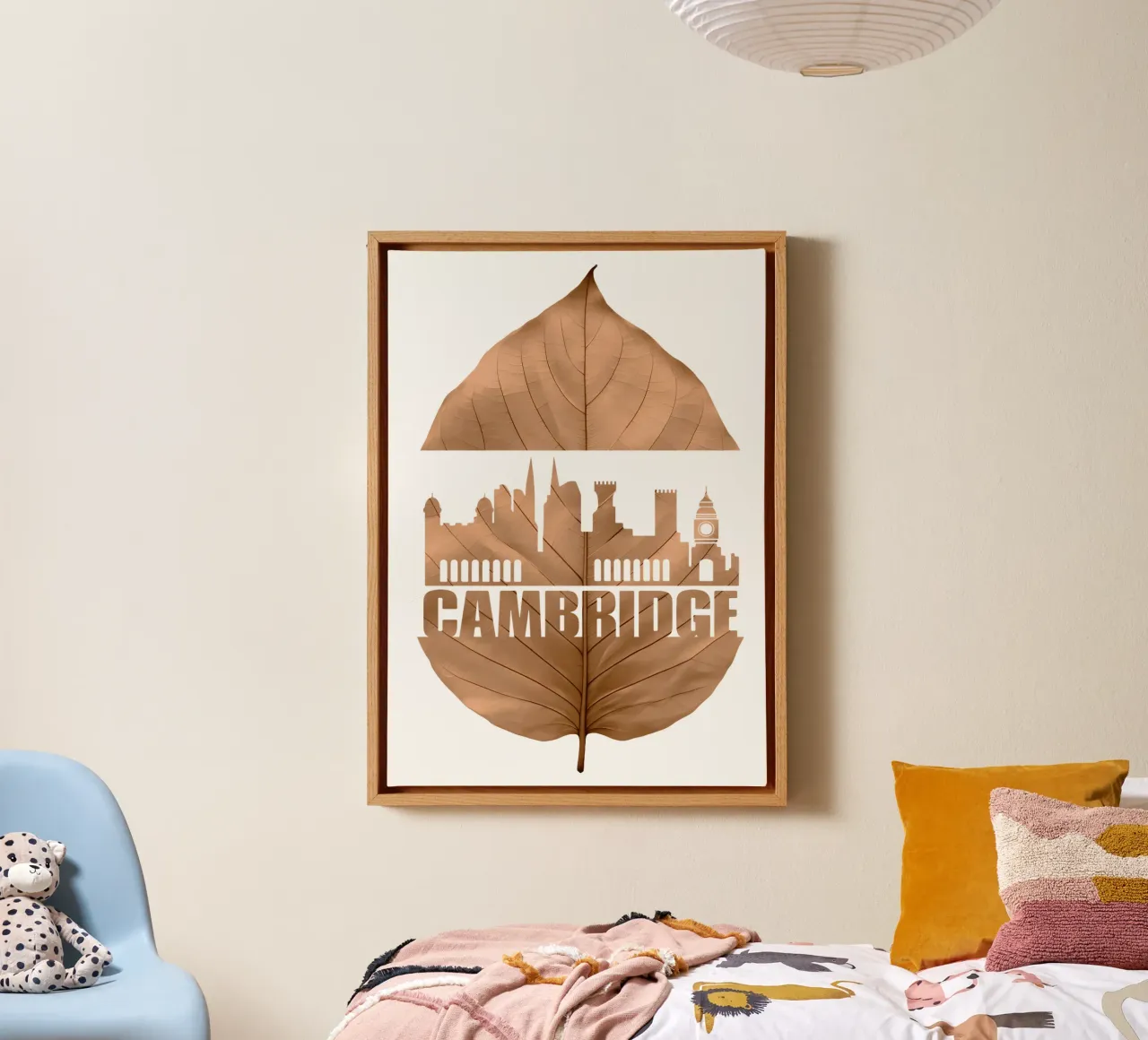 ilustrazione di taglio della foglia dello skyline della città di cambridge tela con Cornice a cassetta da kahfiza