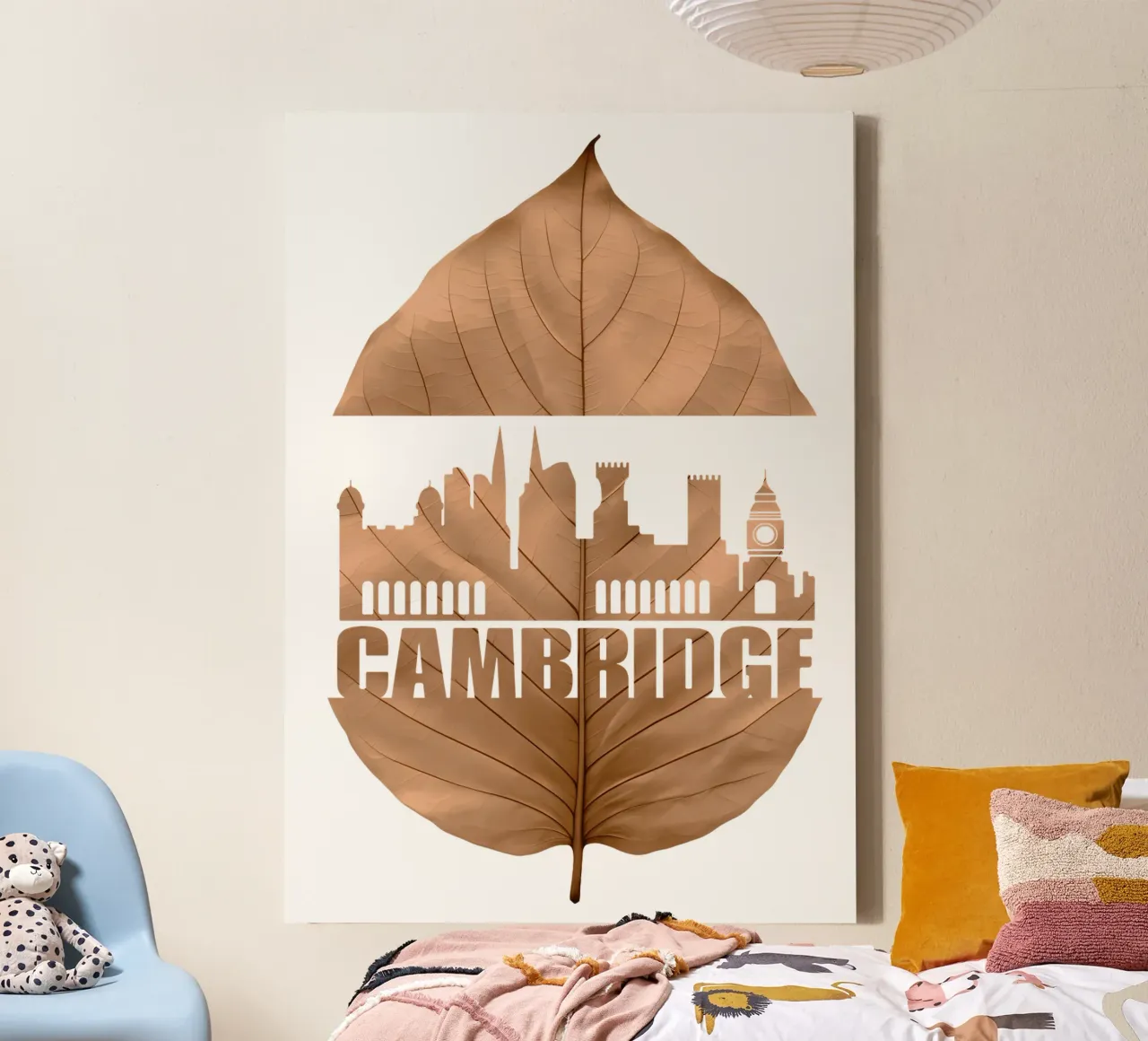 ilustrazione di taglio della foglia dello skyline della città di cambridge tela con Cornice a cassetta da kahfiza