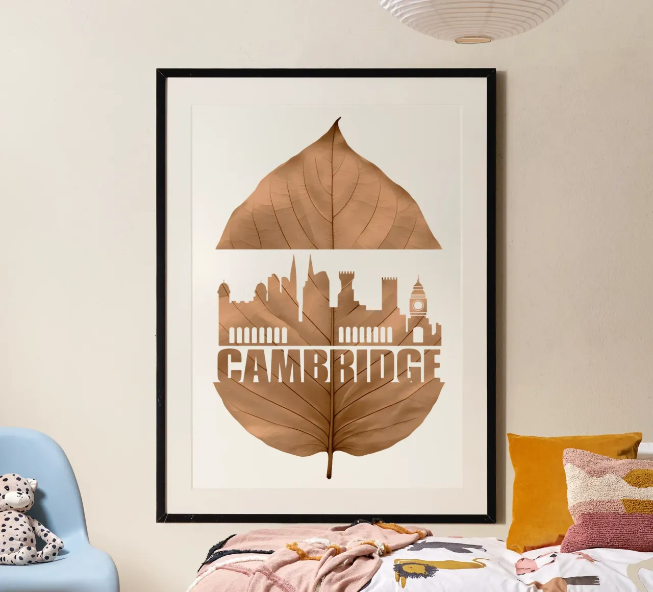ilustrazione di taglio della foglia dello skyline della città di cambridge poster con telaio in plastica da kahfiza