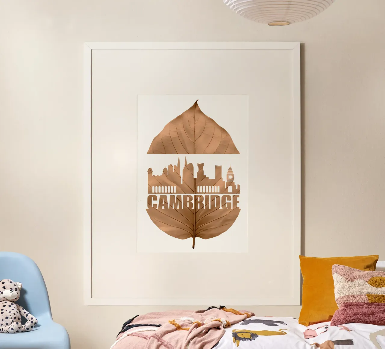 ilustrazione di taglio della foglia dello skyline della città di cambridge poster con telaio in plastica da kahfiza