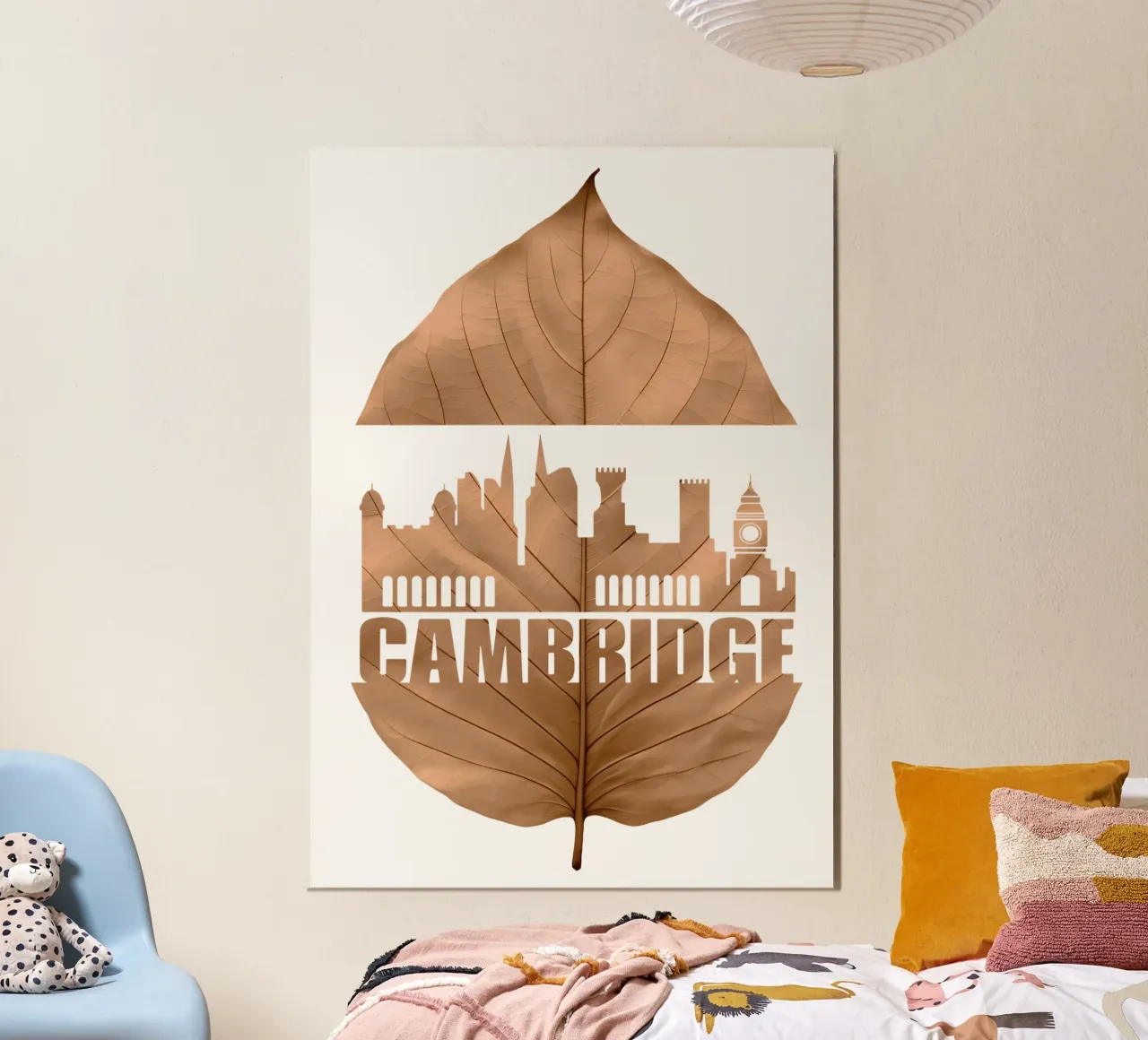 ilustrazione di taglio della foglia dello skyline della città di cambridge poster con telaio in plastica da kahfiza
