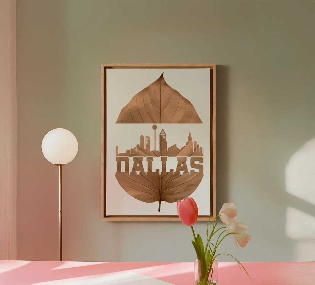 ilustrazione di taglio della foglia dello skyline della città di dallas tela con Cornice a cassetta da kahfiza