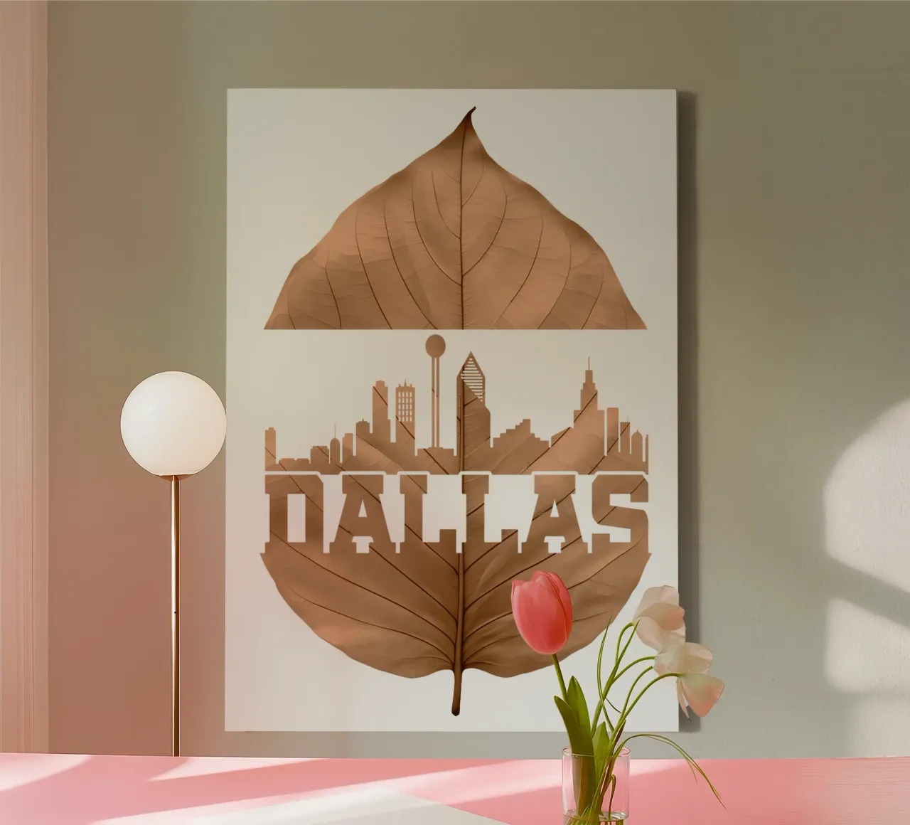 ilustrazione di taglio della foglia dello skyline della città di dallas tela con Cornice a cassetta da kahfiza