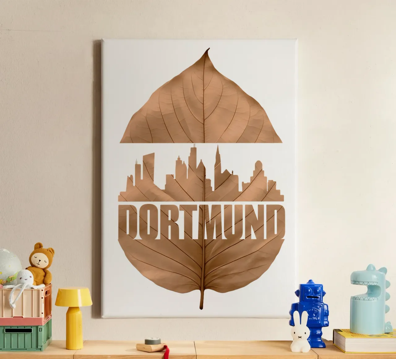 dortmund città skyline taglio foglie ilustrazione tela con Cornice a cassetta da kahfiza