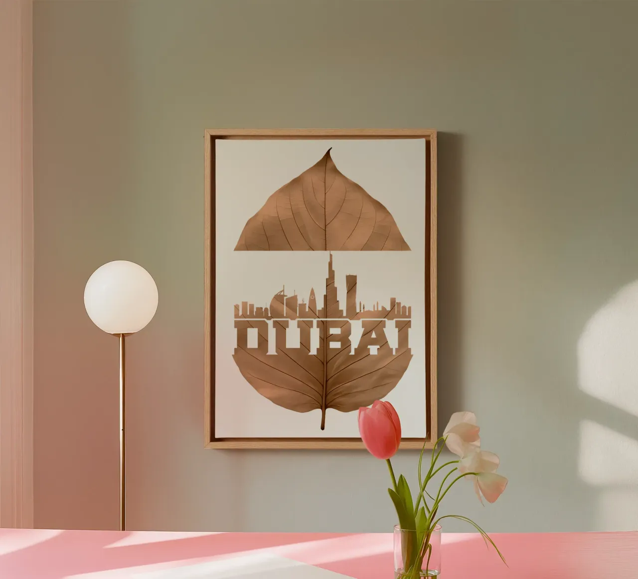 ilustrazione di taglio della foglia dello skyline della città di Dubai tela con Cornice a cassetta da kahfiza