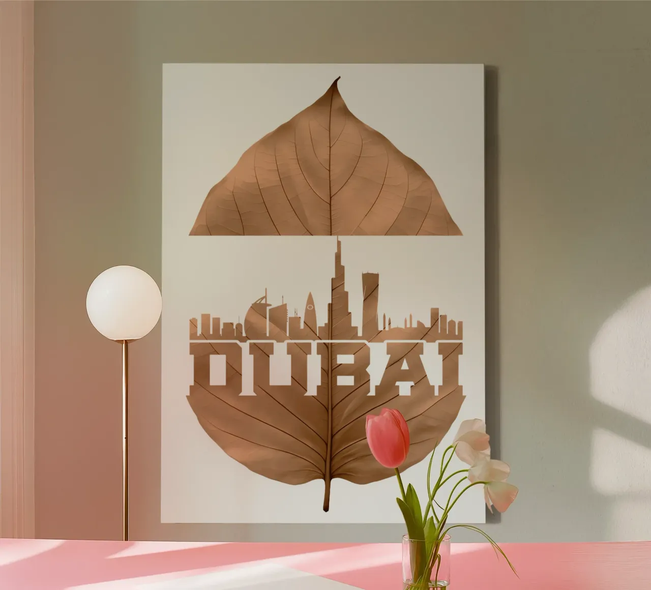 ilustrazione di taglio della foglia dello skyline della città di Dubai tela con Cornice a cassetta da kahfiza