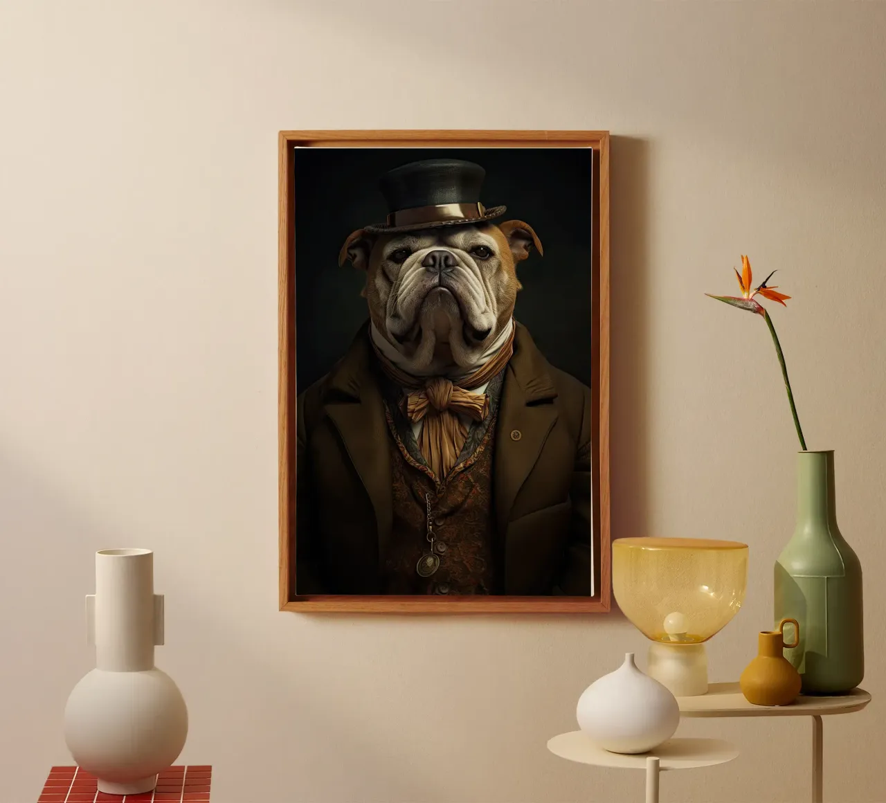Bulldog in ouderwetse kleding canvas met Baklijst van Imagine