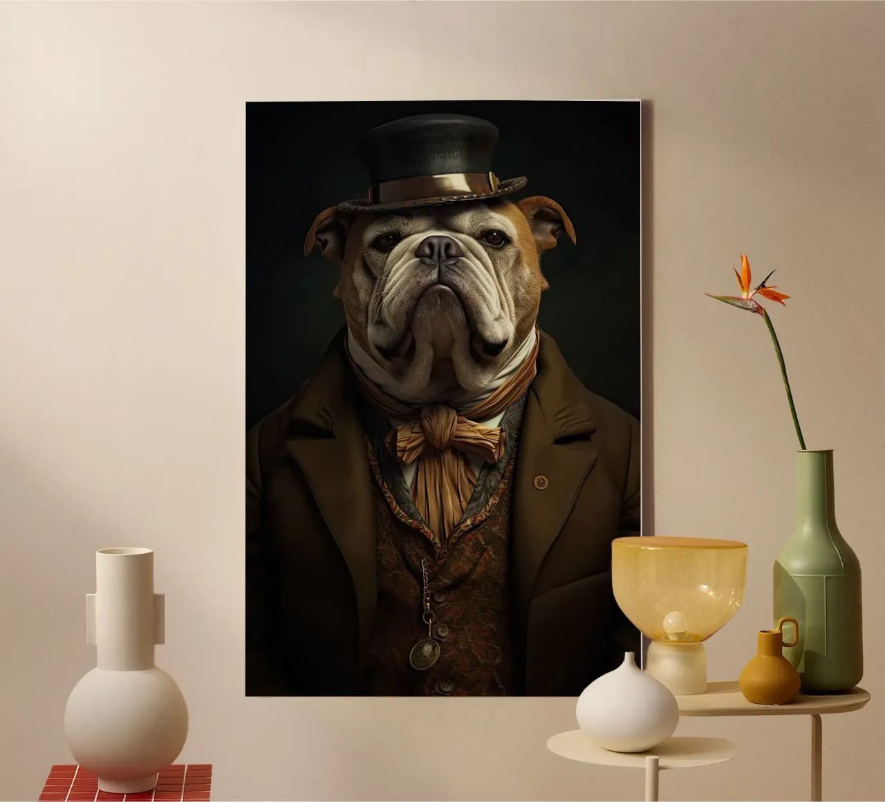 Bulldog in ouderwetse kleding canvas met Baklijst van Imagine