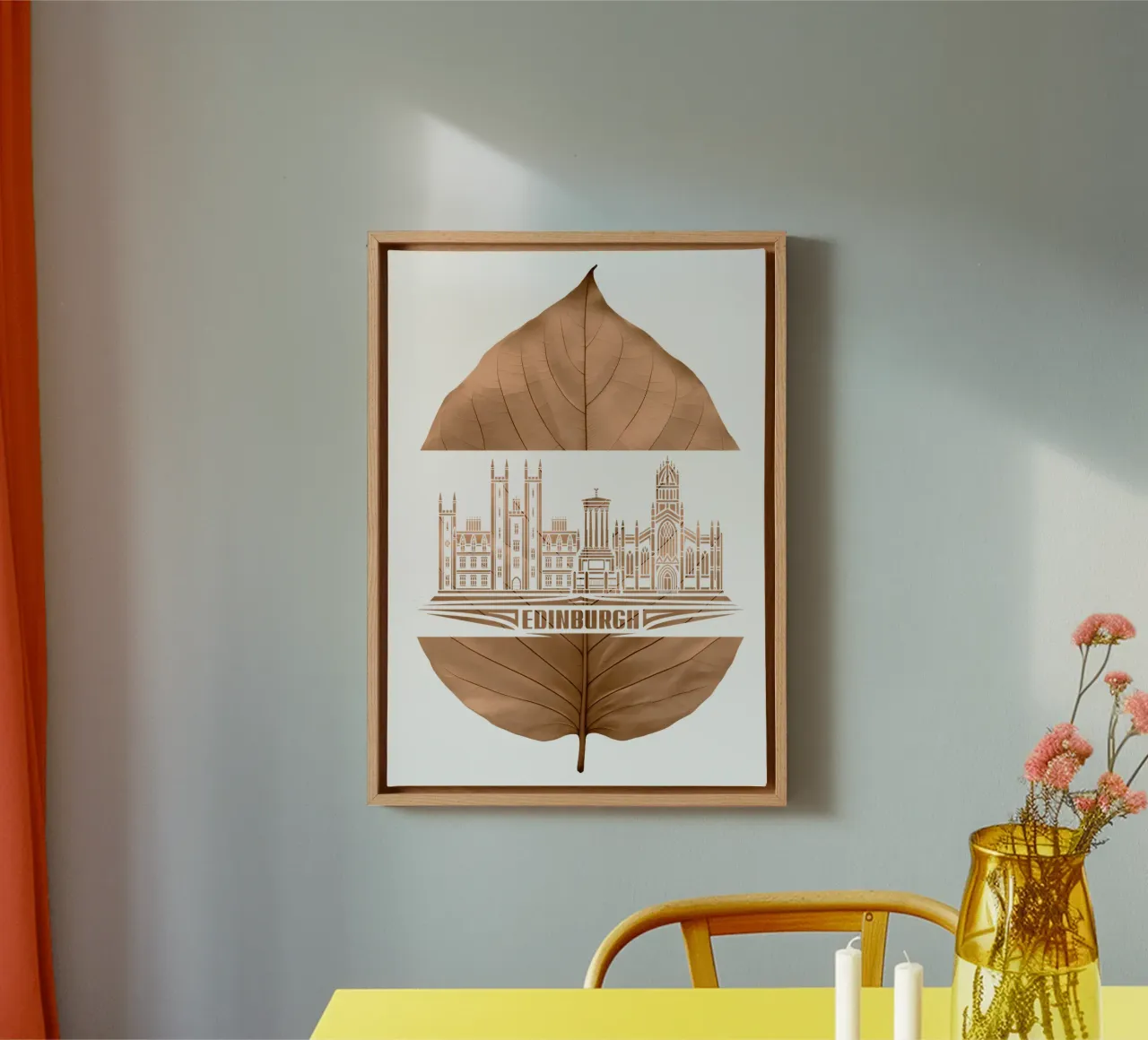 ilustrazione del taglio delle foglie dello skyline della città di edimburgo tela con Cornice a cassetta da kahfiza