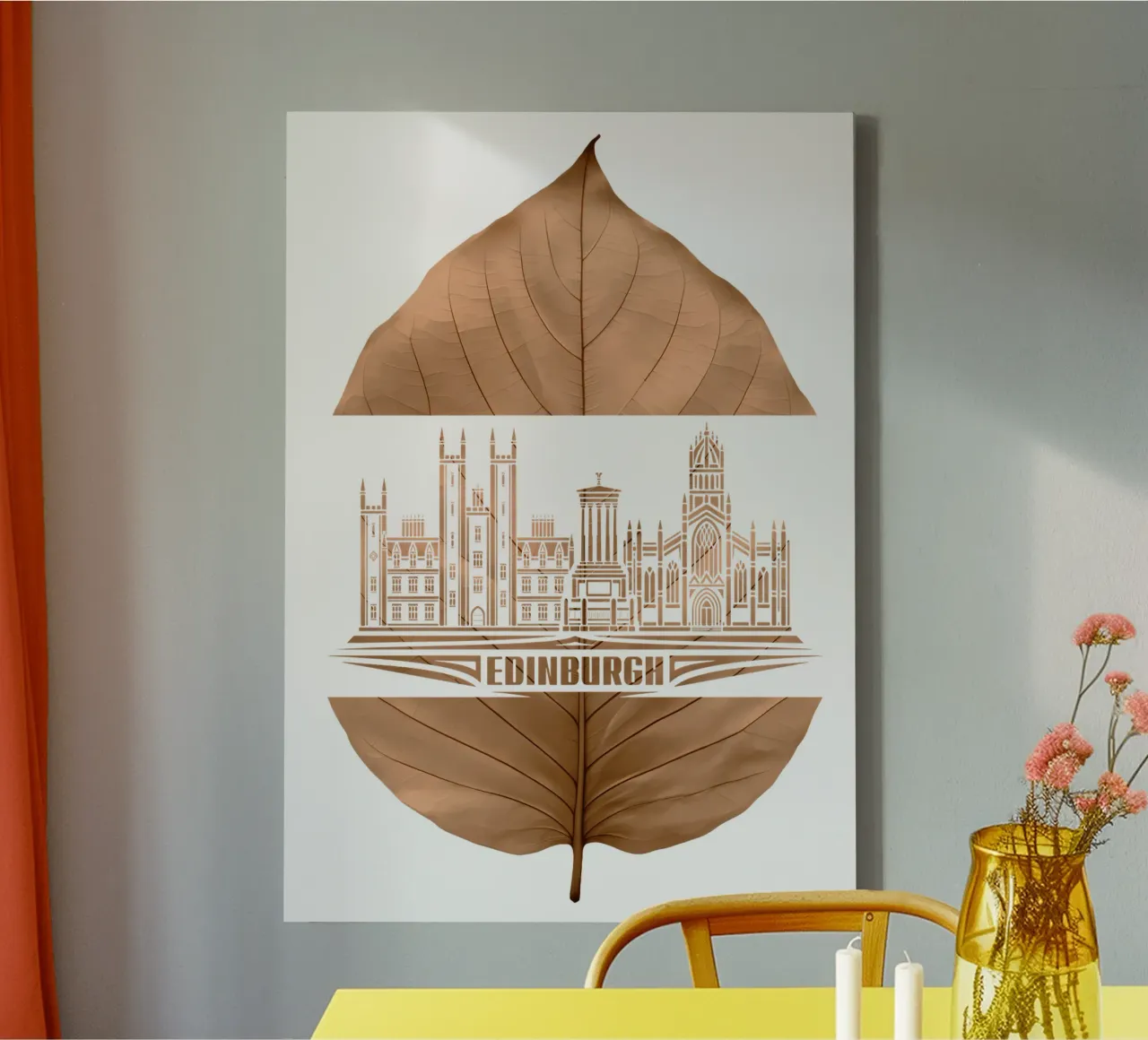 ilustrazione del taglio delle foglie dello skyline della città di edimburgo tela con Cornice a cassetta da kahfiza