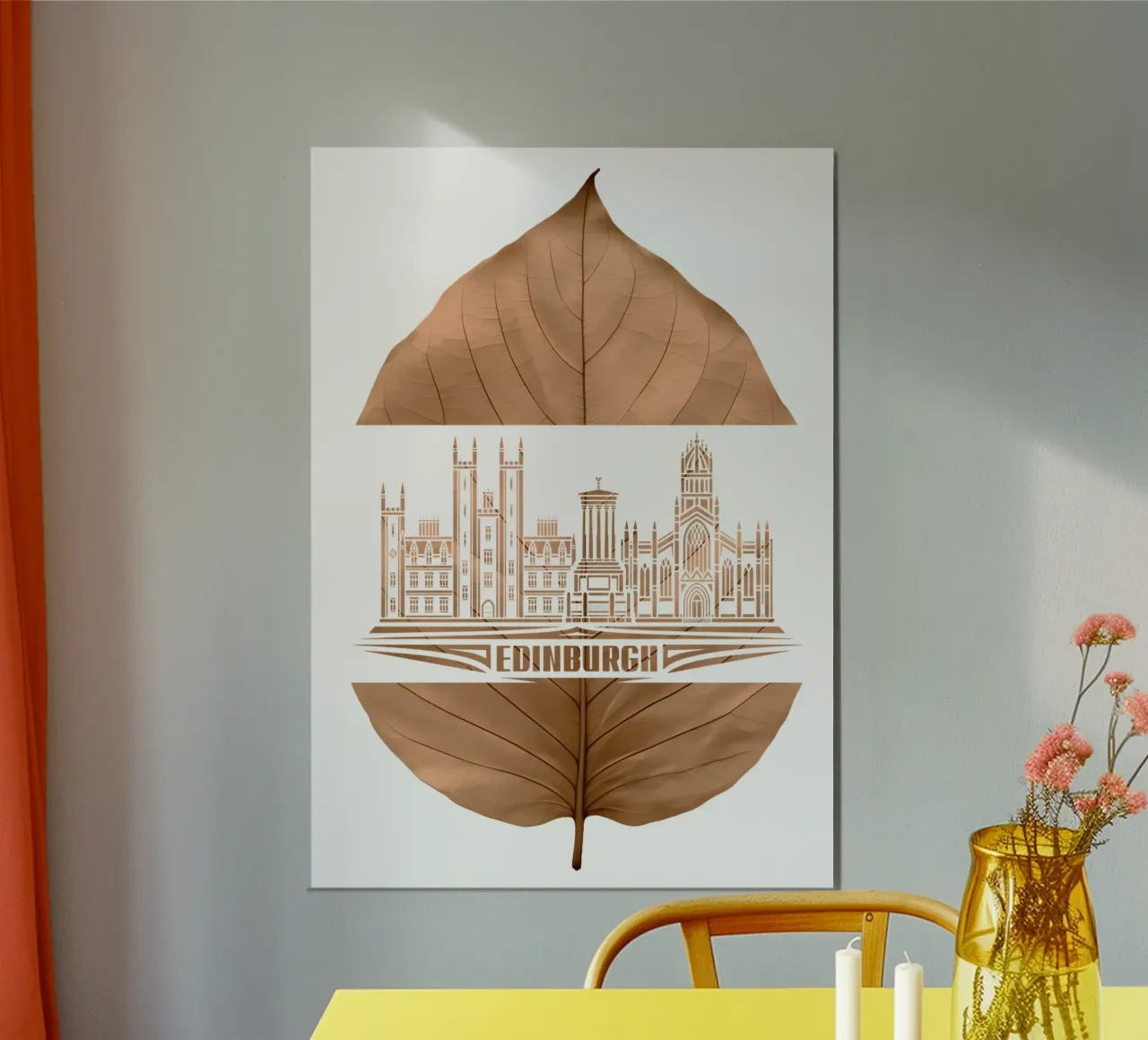 ilustrazione del taglio delle foglie dello skyline della città di edimburgo poster da kahfiza