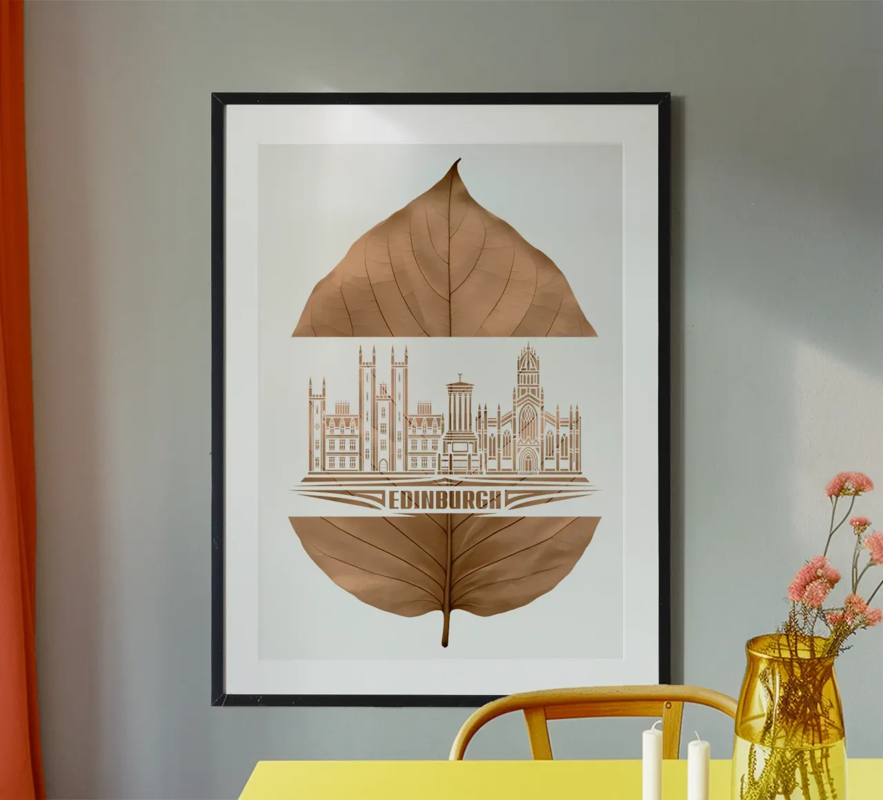 ilustrazione del taglio delle foglie dello skyline della città di edimburgo poster da kahfiza