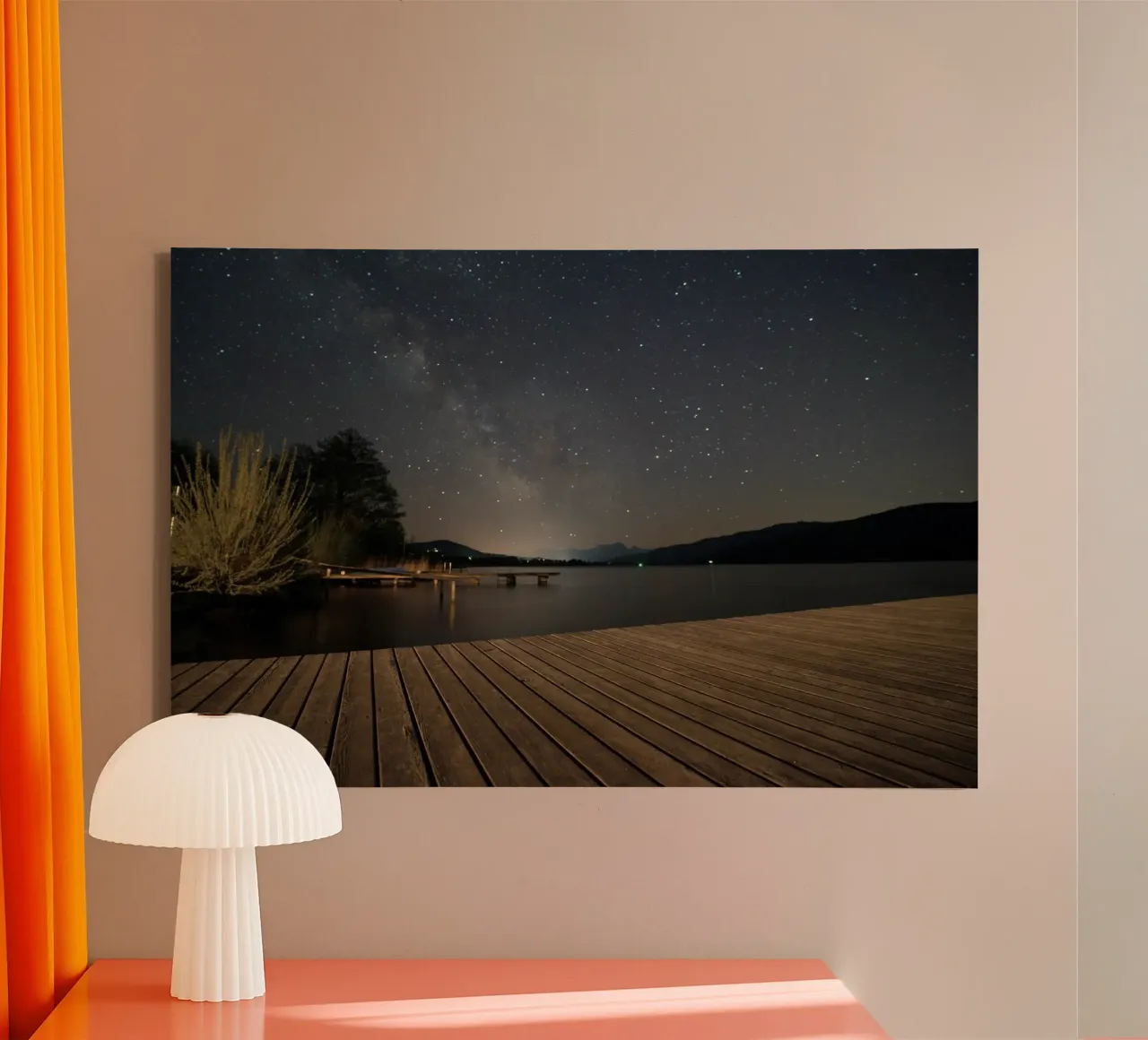 starry sky on calm water canvas with Floater frame by space words
