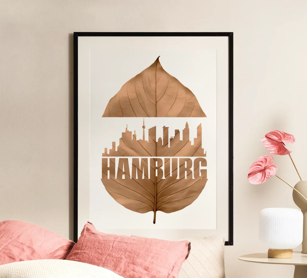 skyline della città di amburgo illustrazione di taglio delle foglie poster con telaio in plastica da kahfiza
