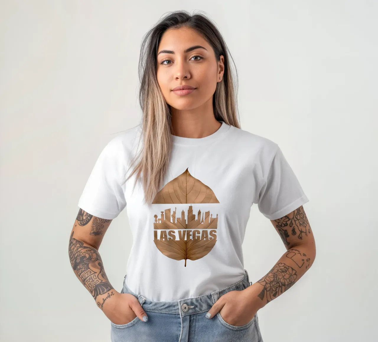 ilustrazione di taglio delle foglie dello skyline della città di las vegas t-shirt da kahfiza