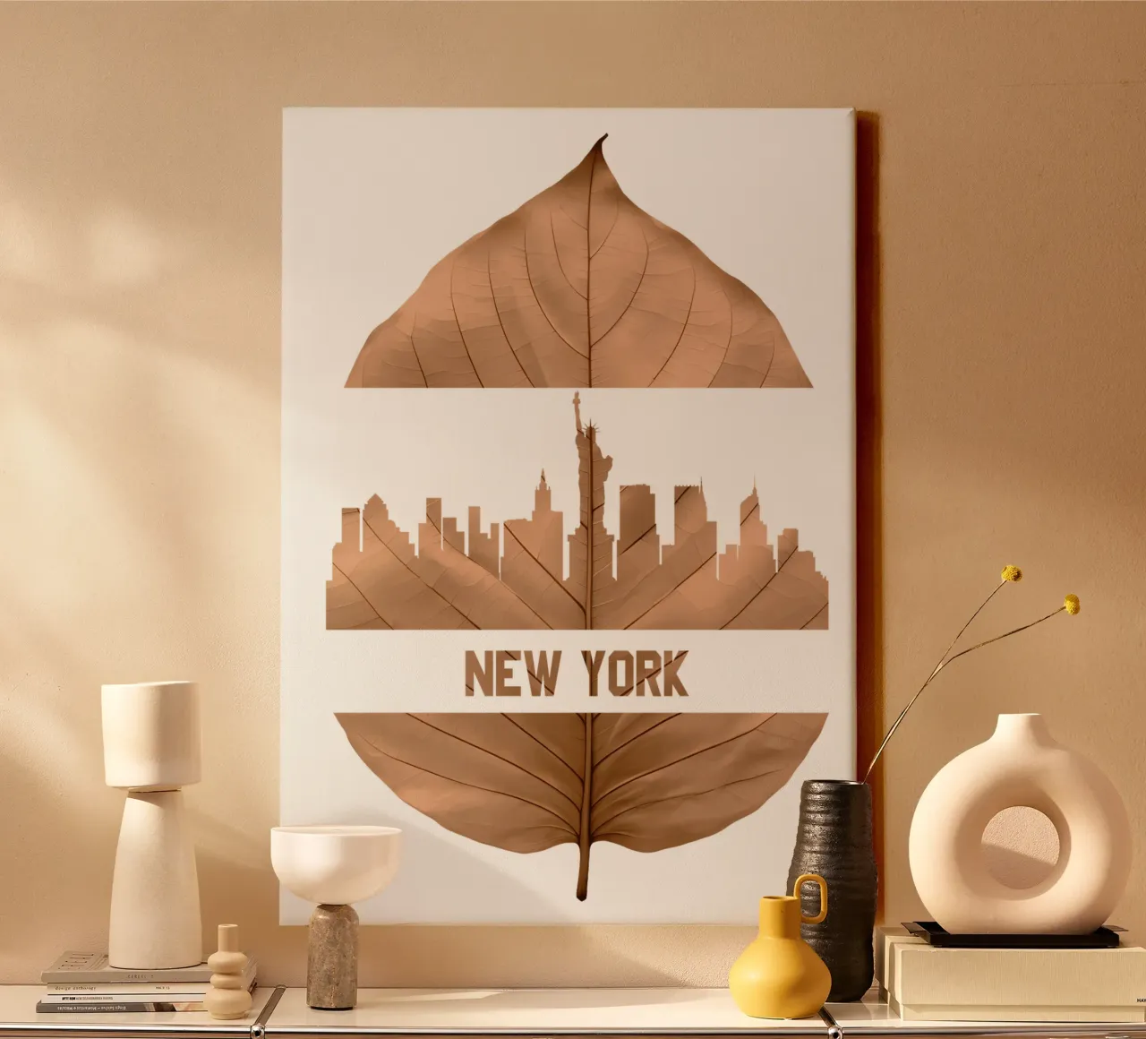 illustrazione fogliare dello skyline della città di New York tela con Cornice a cassetta da kahfiza