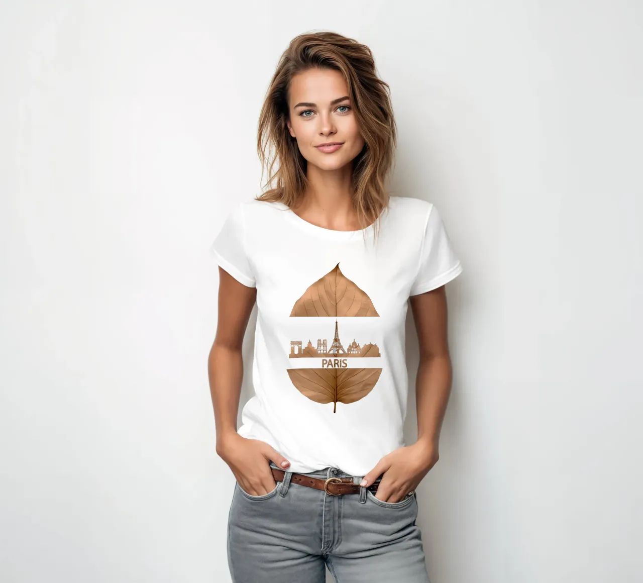 skyline della città di parigi ilustrazione di taglio delle foglie t-shirt da donna da kahfiza