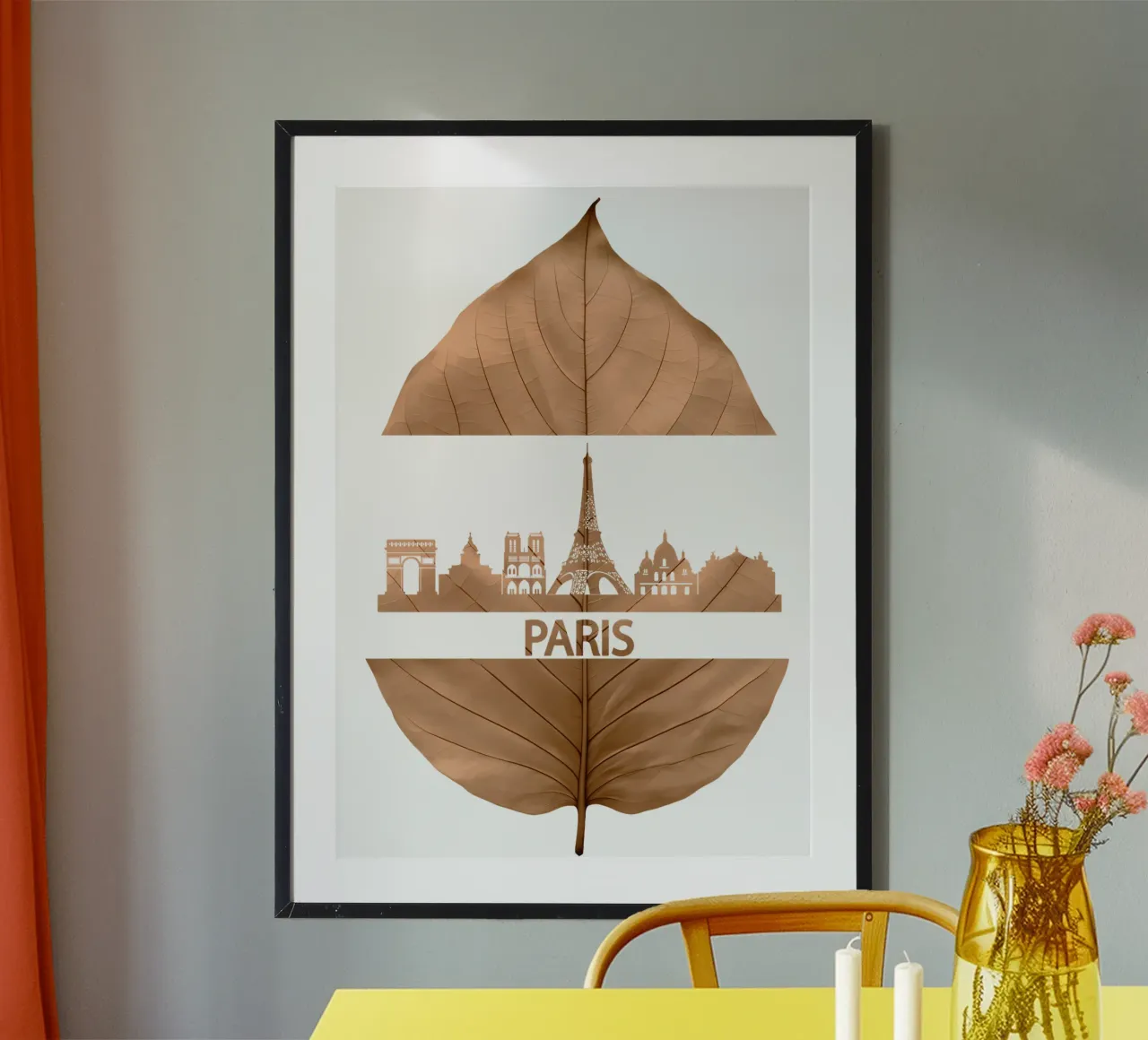 skyline della città di parigi ilustrazione di taglio delle foglie poster con telaio in plastica da kahfiza