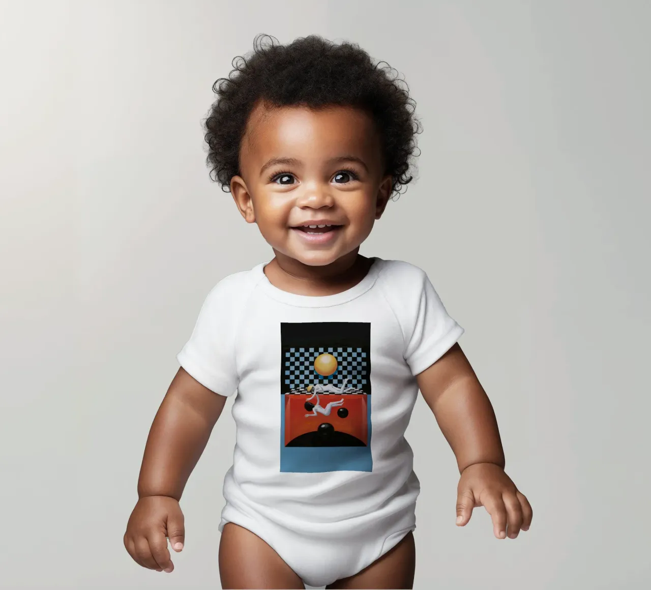Checkered Sun Abstraction short-sleeve baby romper by Pan Denim
