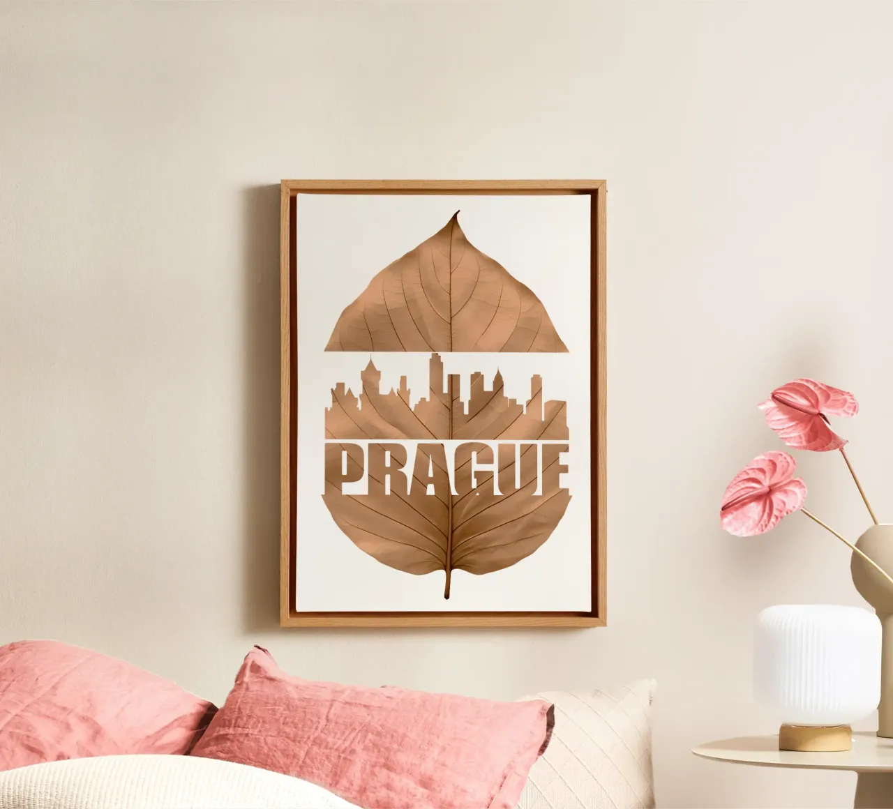 skyline della città di praga illustrazione di taglio delle foglie tela con Cornice a cassetta da kahfiza