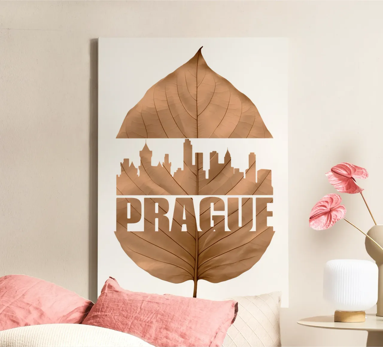 skyline della città di praga illustrazione di taglio delle foglie tela con Cornice a cassetta da kahfiza