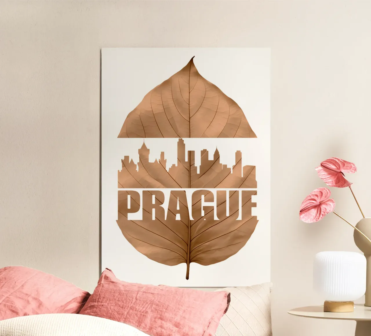 skyline della città di praga illustrazione di taglio delle foglie poster con telaio in plastica da kahfiza