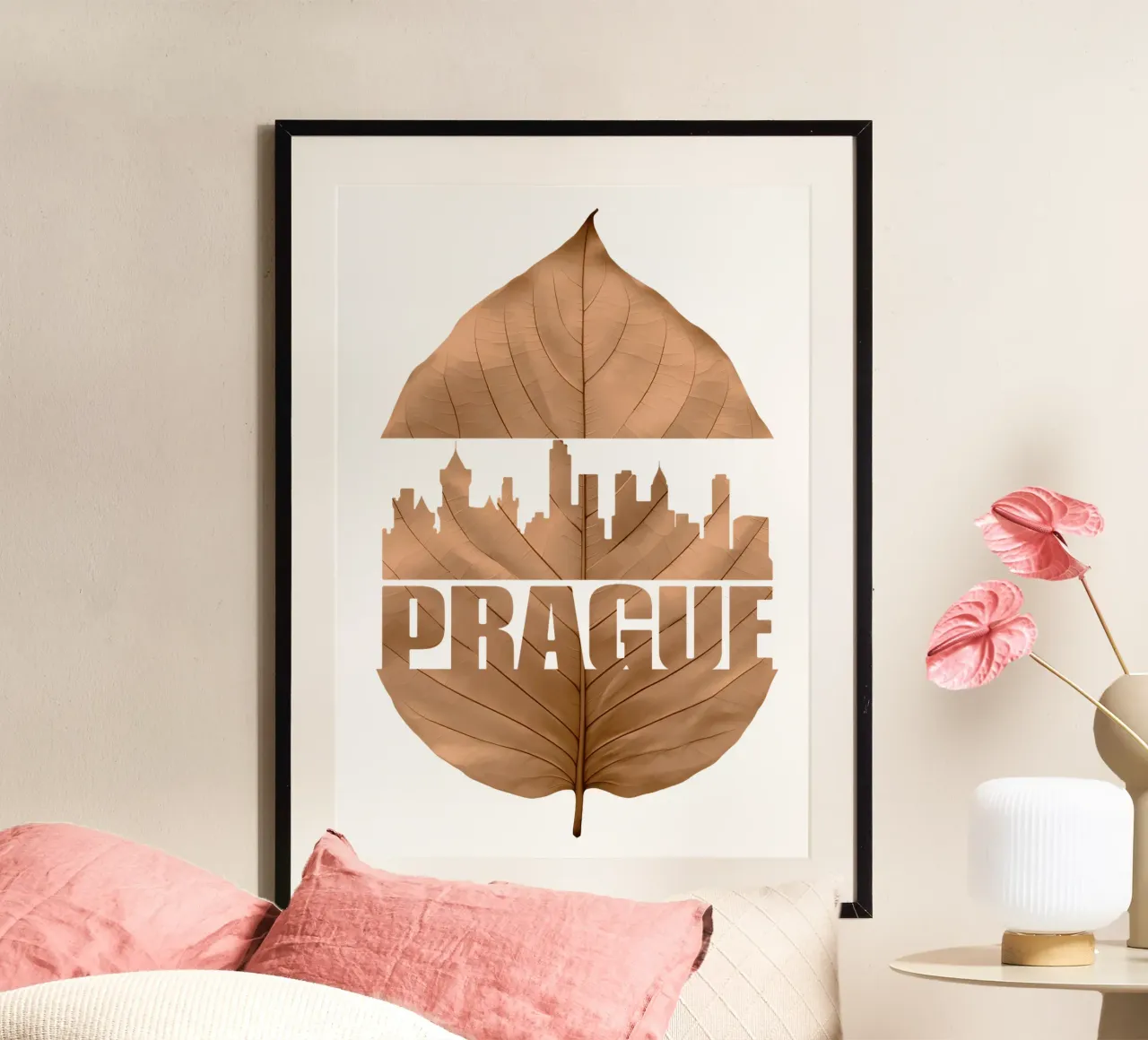 skyline della città di praga illustrazione di taglio delle foglie poster con telaio in plastica da kahfiza