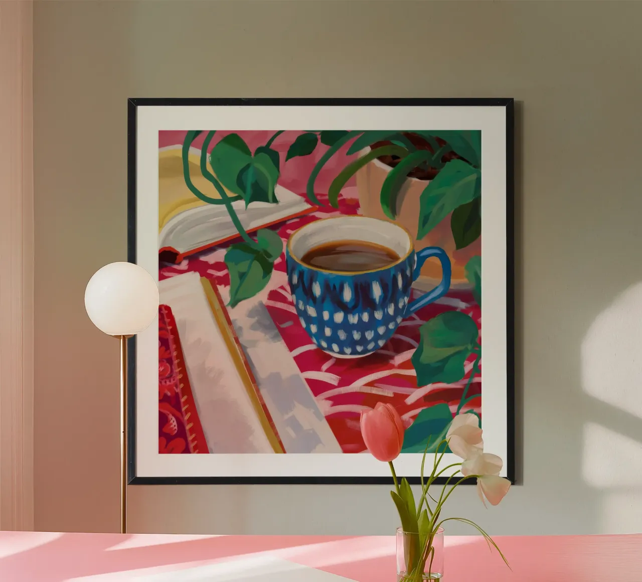 Blaue Tasse Rotes Tuch Poster mit Kunststoffrahmen von Pan Denim