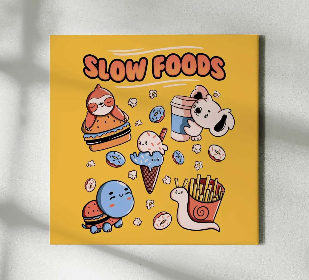 Slow Food Cute Animals Sloth Koala Turtle Snail Fries tela con Cornice a cassetta da Tobe Fonseca