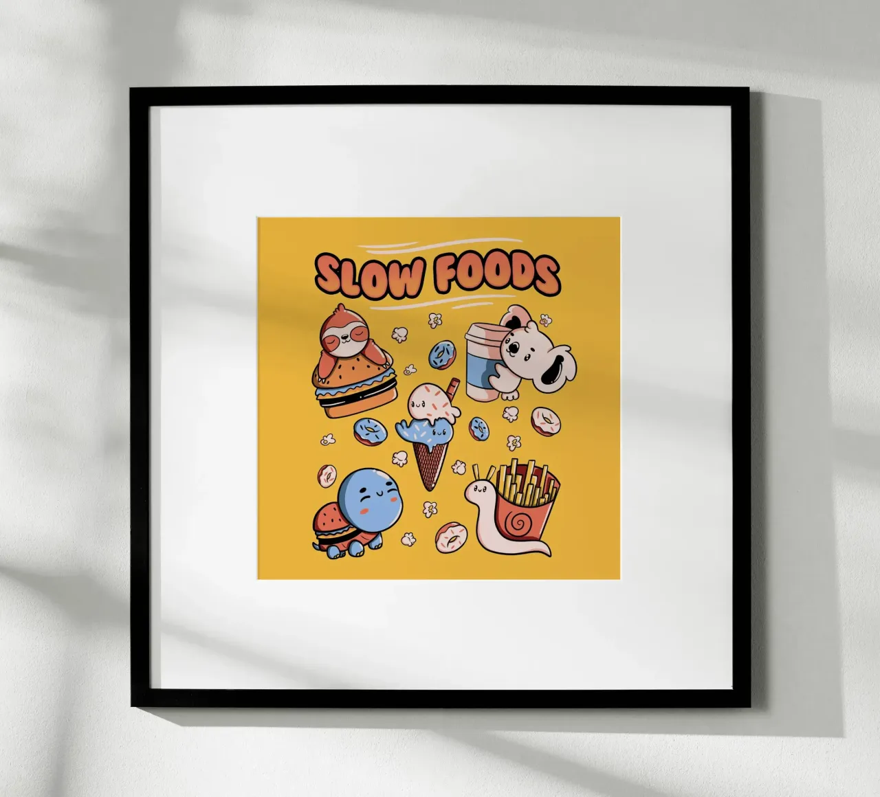 Slow Food Cute Animals Sloth Koala Turtle Snail Fries poster con telaio in alluminio da Tobe Fonseca