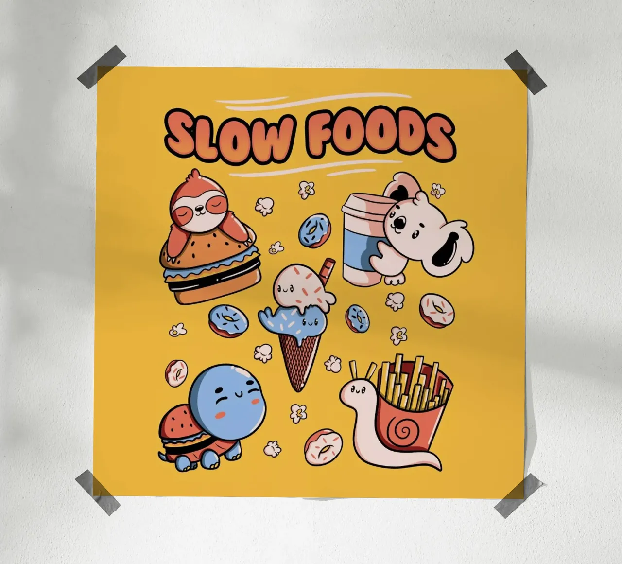 Slow Food Cute Animals Sloth Koala Turtle Snail Fries poster con telaio in alluminio da Tobe Fonseca