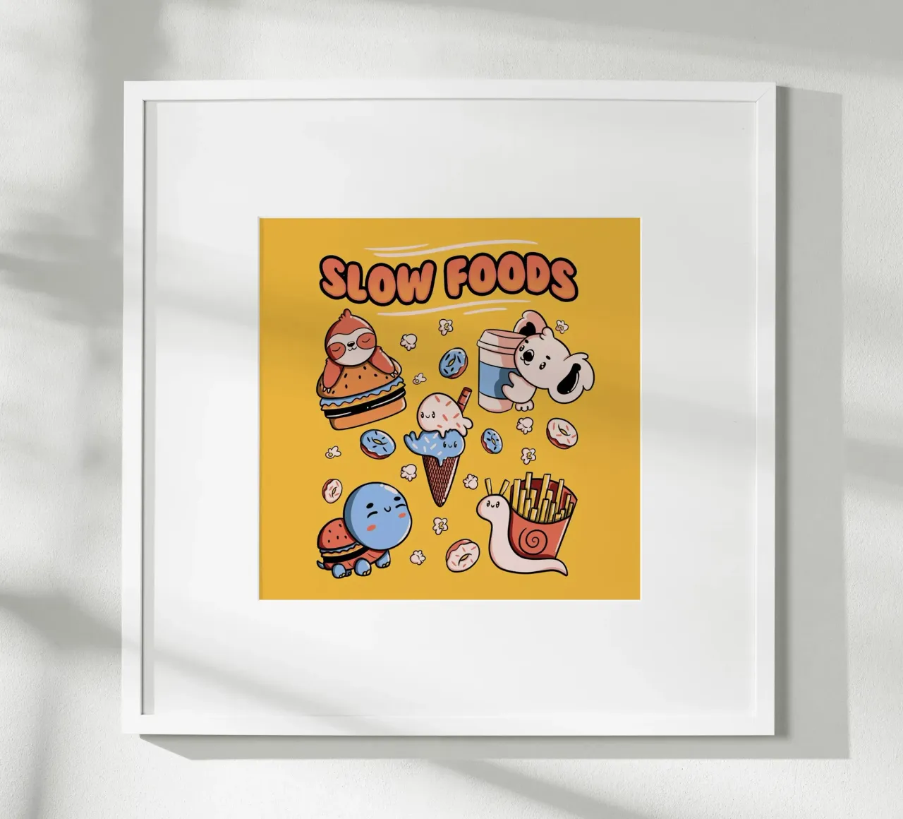Slow Food Cute Animals Sloth Koala Turtle Snail Fries poster con telaio in alluminio da Tobe Fonseca