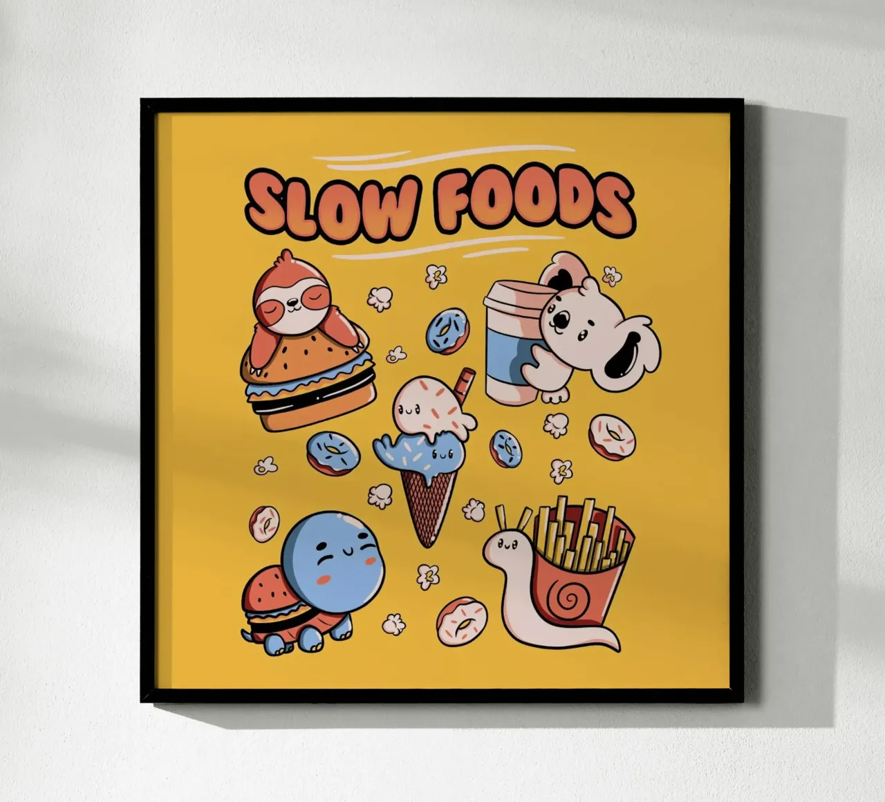 Slow Food Cute Animals Sloth Koala Turtle Snail Fries poster con telaio in alluminio da Tobe Fonseca