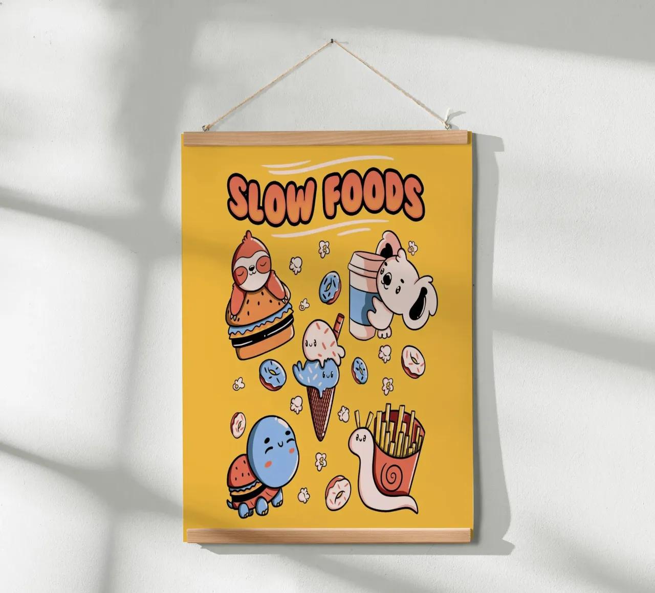 Slow Food Cute Animals Sloth Koala Turtle Snail Fries poster con telaio in alluminio da Tobe Fonseca
