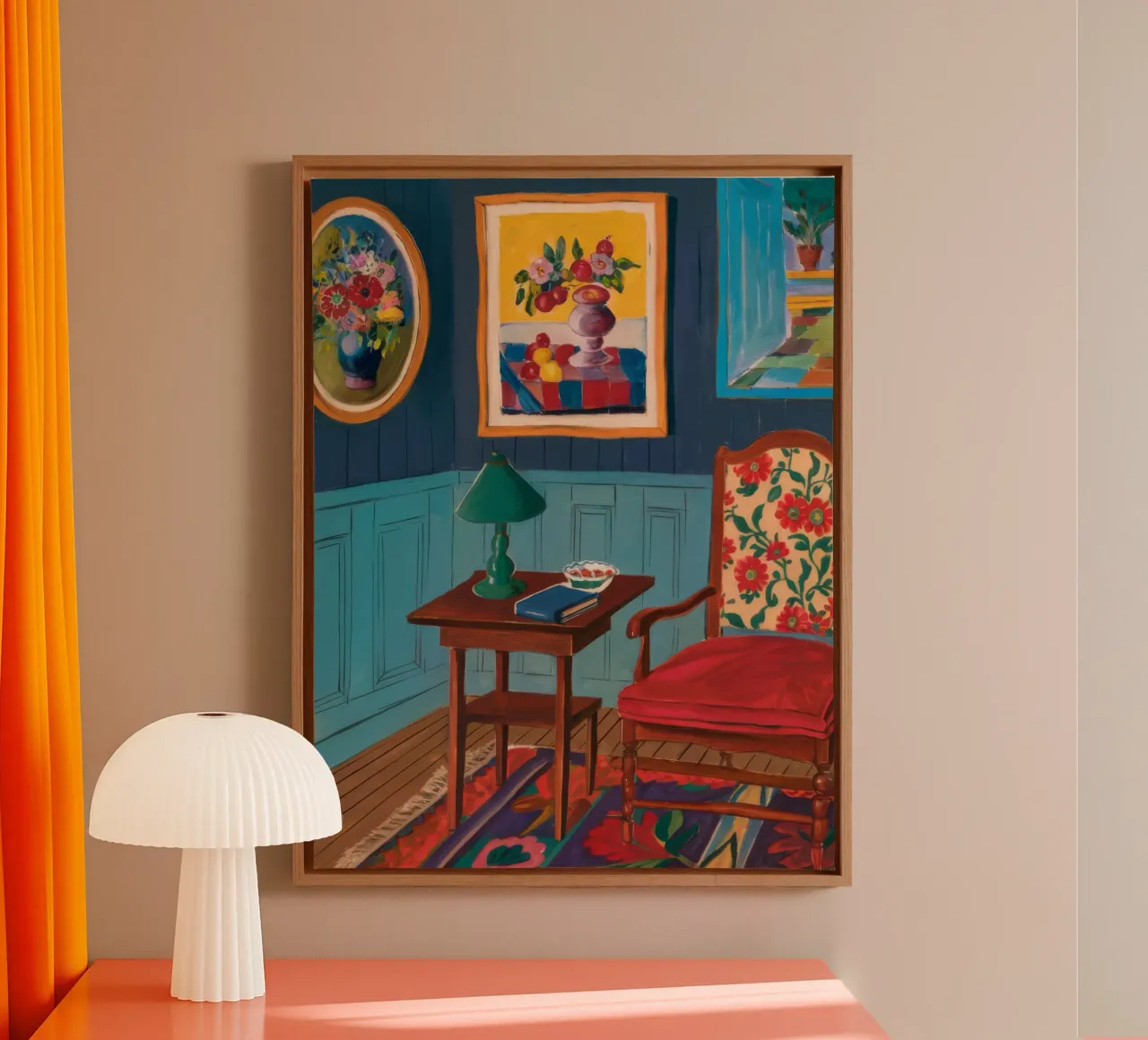 Framed Parlor View canvas with Floater frame by Haven Fantasy