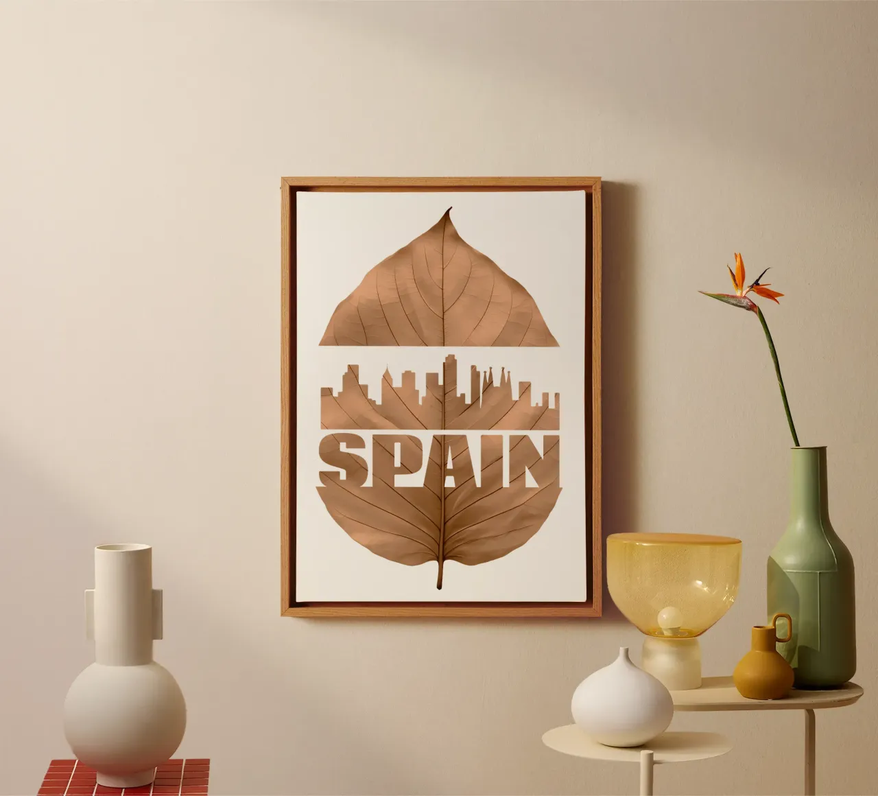 città di spagna skyline fogliare ilustrazione tela con Cornice a cassetta da kahfiza