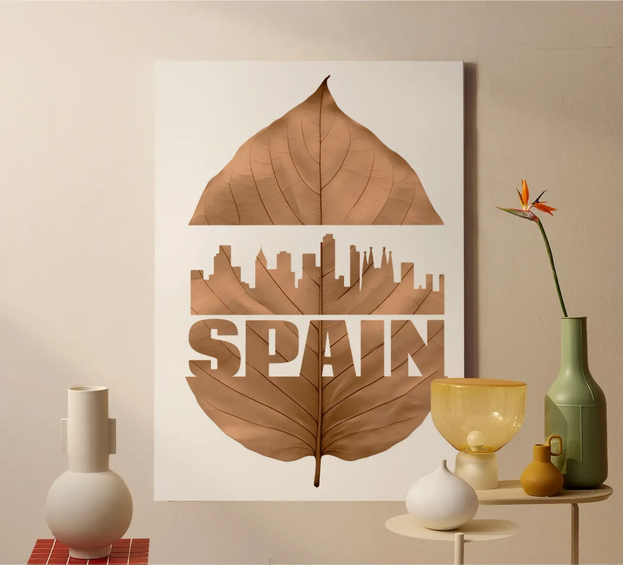 città di spagna skyline fogliare ilustrazione tela con Cornice a cassetta da kahfiza