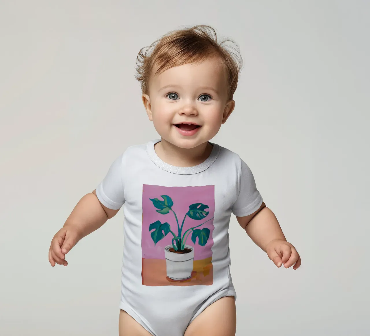 Monstera rosa in vaso body neonato maniche corte da Pan Denim