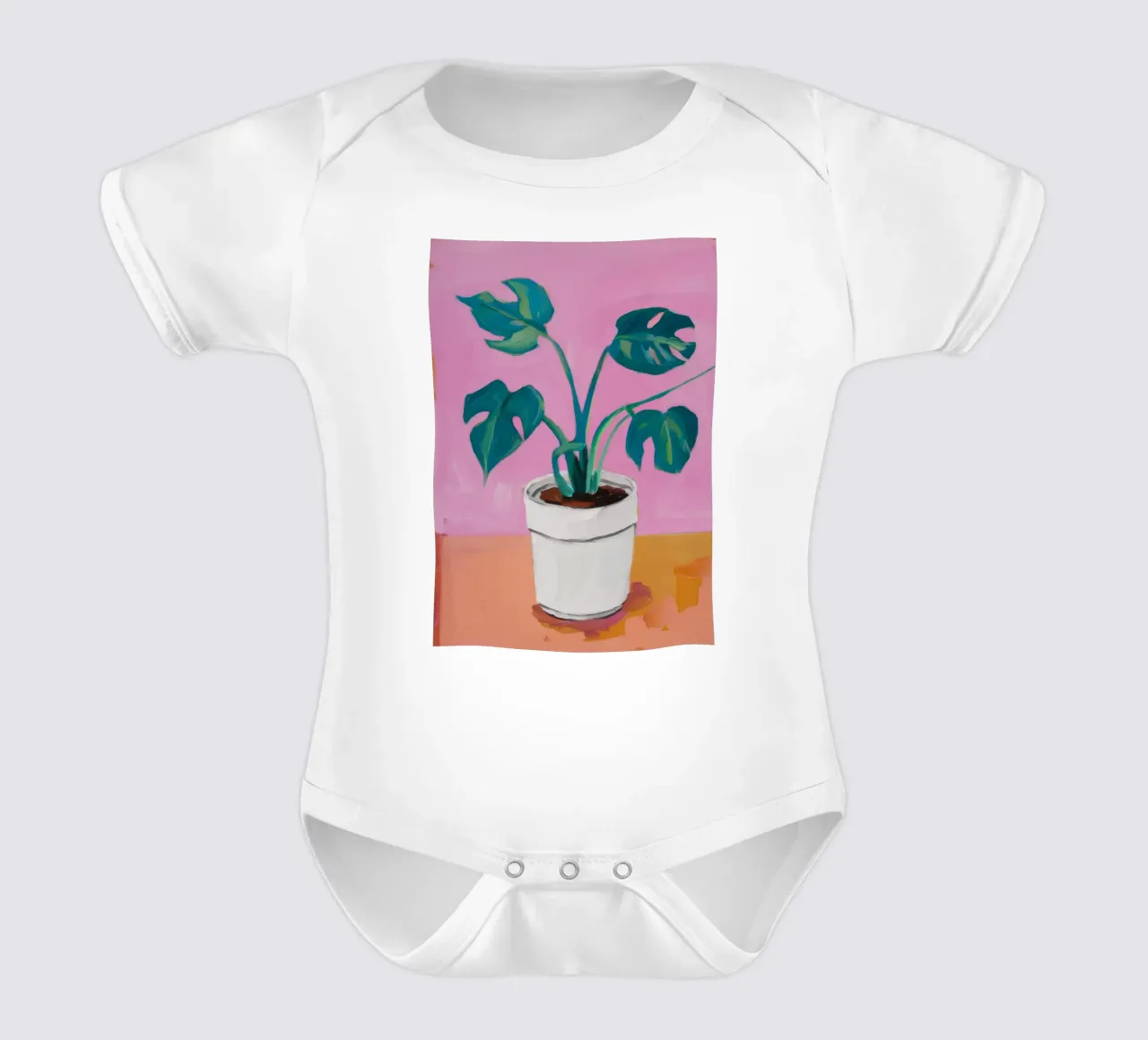 Monstera rosa in vaso body neonato maniche corte da Pan Denim