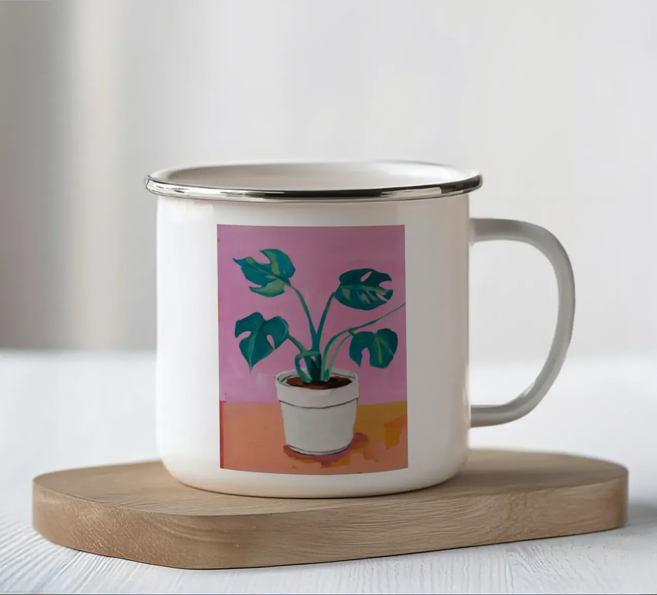 Monstera rosa in vaso tazza in smalto da Pan Denim