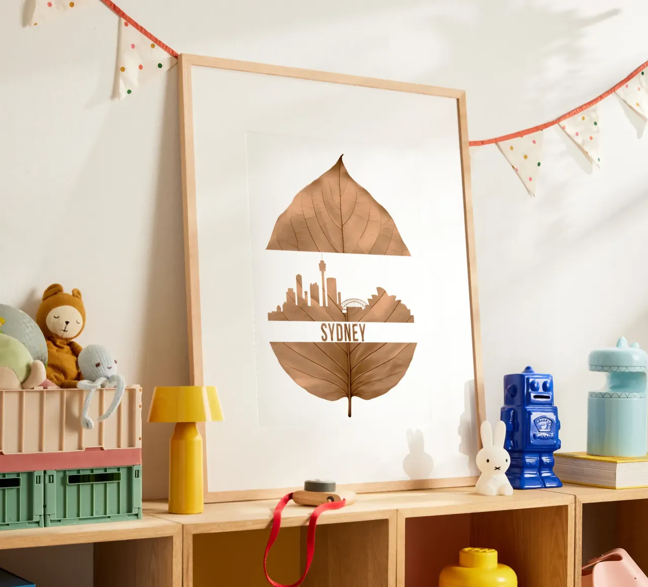 skyline della città di sydney taglio di foglie ilustrazione poster con telaio in plastica da kahfiza