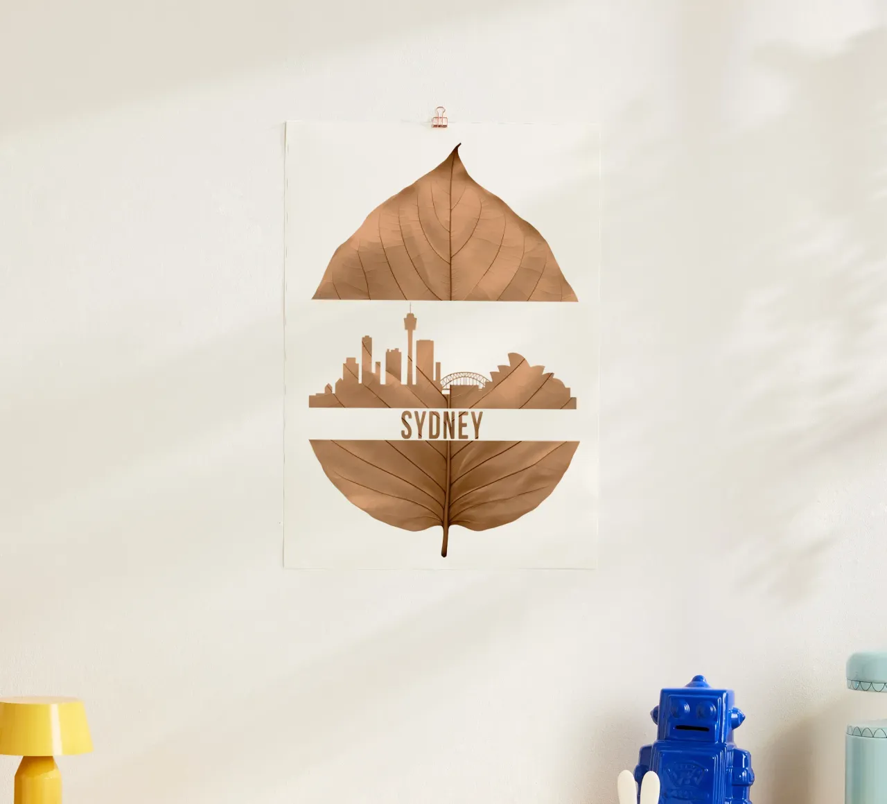 skyline della città di sydney taglio di foglie ilustrazione poster con telaio in plastica da kahfiza