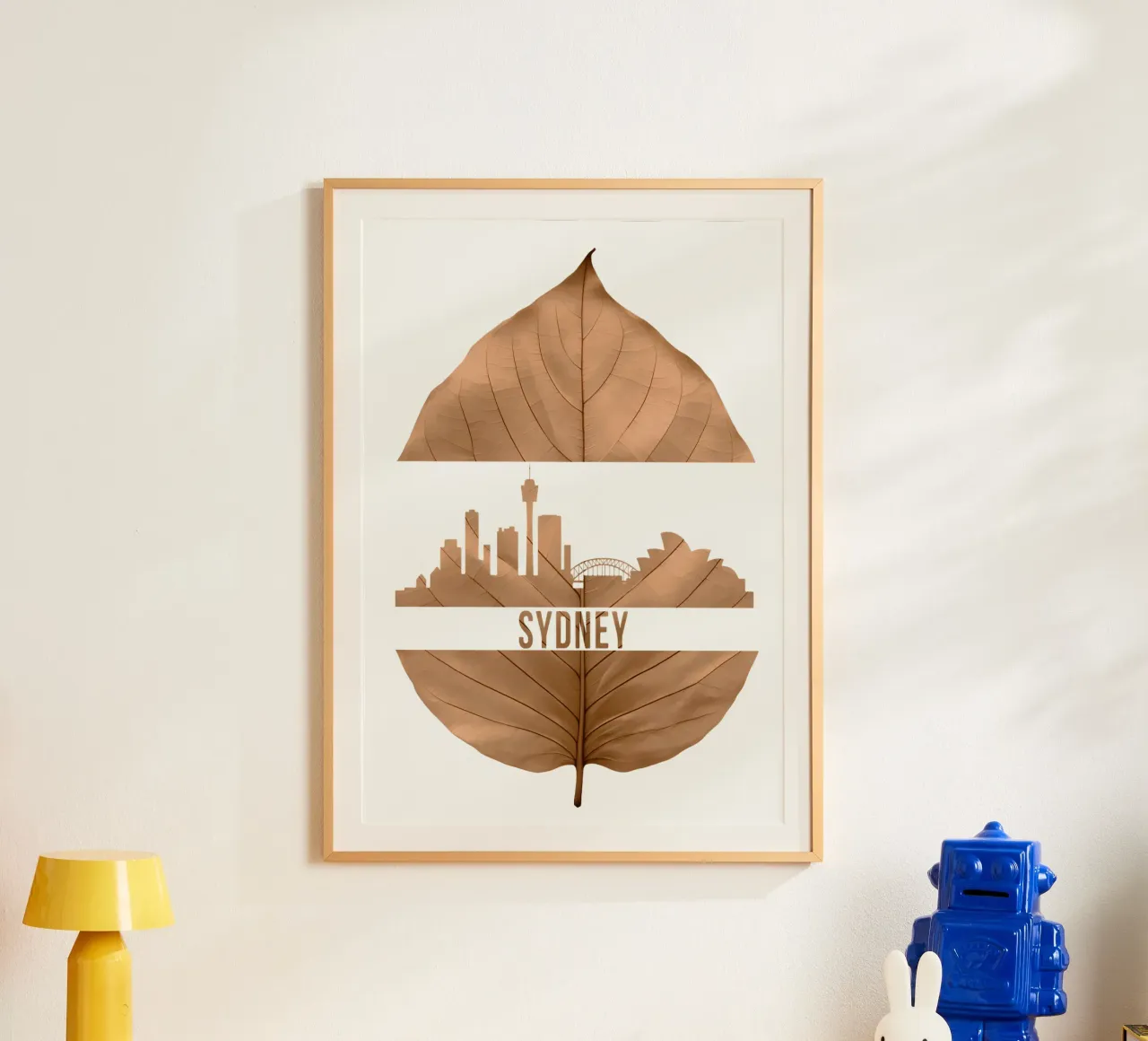 skyline della città di sydney taglio di foglie ilustrazione poster con telaio in plastica da kahfiza